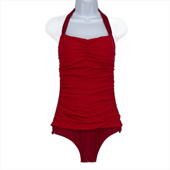 Halter Neck Swimsuit Color Block Red and Burgundy Size Medium - Picture 3 of 5
